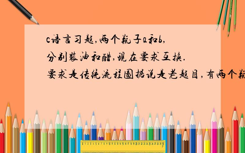 c语言习题,两个瓶子a和b,分别装油和醋,现在要求互换.要求是传统流程图据说是老题目,有两个瓶子a,b分别装醋和油,要求互换,即a装油,b装醋第一个想法（流程图符号暂时省略）c是第三个瓶子