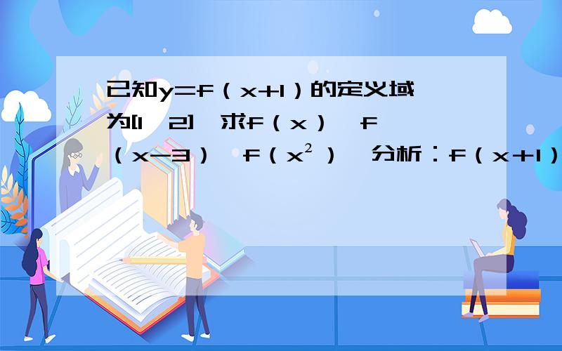 已知y=f（x+1）的定义域为[1,2],求f（x）,f（x-3）,f（x²）  分析：f（x＋1）的定义域是指x的取值范围,即1《x《2,那么x+1的取值范围为[2,3],这就是f(x)的定义域. 他的分析我看不懂,那位