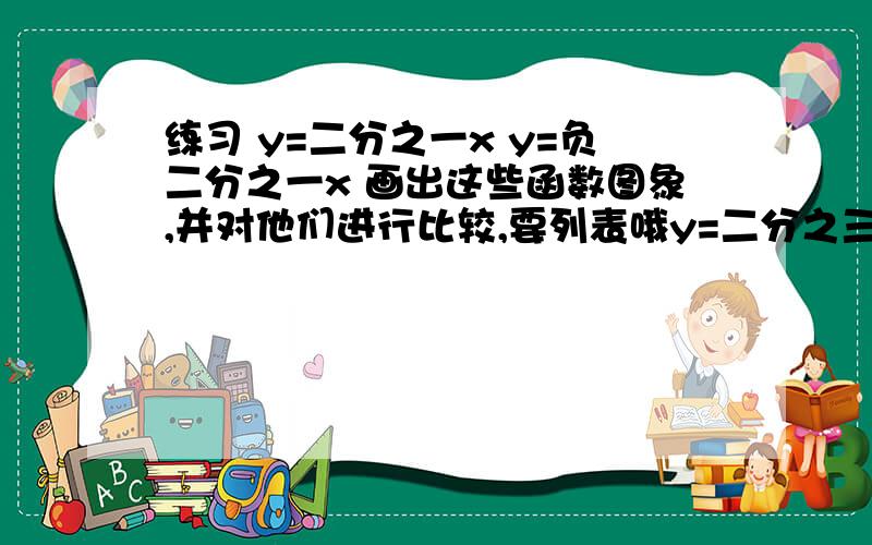 练习 y=二分之一x y=负二分之一x 画出这些函数图象,并对他们进行比较,要列表哦y=二分之三x y=负三x用最简单的方法画出这些函数的图像 不用列表.