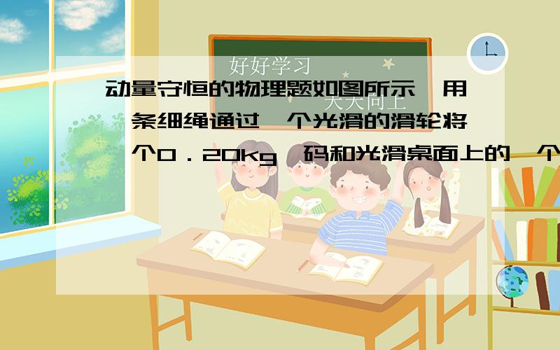 动量守恒的物理题如图所示,用一条细绳通过一个光滑的滑轮将一个0．20kg砝码和光滑桌面上的一个0．80kg的小车连接在一起,开始时用手握住小车使砝码离开地面0．5m,然后放手使小车从静止开