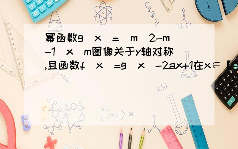 幂函数g(x)=(m^2-m-1)x^m图像关于y轴对称,且函数f(x)=g(x)-2ax+1在x∈【-1,2】上的最小值为-2.（1）求g(x)的解析式（2）求实数a的值