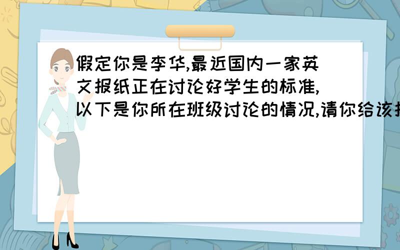 假定你是李华,最近国内一家英文报纸正在讨论好学生的标准,以下是你所在班级讨论的情况,请你给该报写一封信,反映讨论结果.1、好学生不仅要学习好,而且要身心健康.2、好学生要有礼貌,要