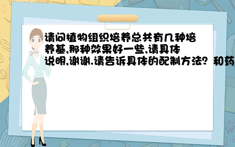 请问植物组织培养总共有几种培养基,那种效果好一些,请具体说明,谢谢.请告诉具体的配制方法？和药品比例什么的。要越详细越好。谢谢。