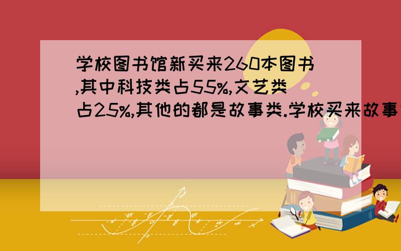 学校图书馆新买来260本图书,其中科技类占55%,文艺类占25%,其他的都是故事类.学校买来故事类图书多少本