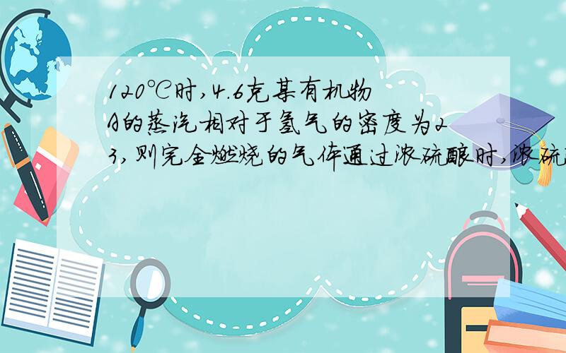 120℃时,4.6克某有机物A的蒸汽相对于氢气的密度为23,则完全燃烧的气体通过浓硫酸时,浓硫酸增重5.4克,通过足量澄清石灰水,产生20克白色沉淀,(1)A的分子式（2）若该有机物与足量金属钠反应产