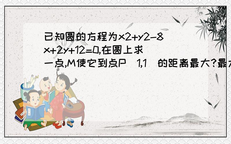 已知圆的方程为x2+y2-8x+2y+12=0,在圆上求一点,M使它到点P(1,1)的距离最大?最大距离是?