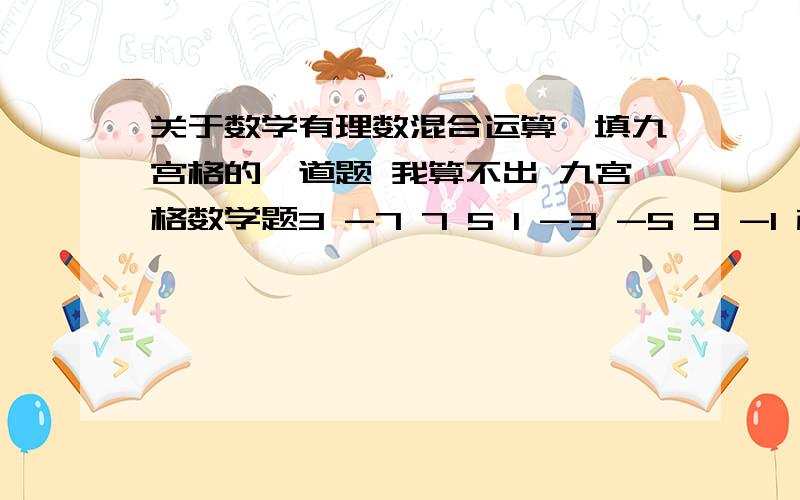 关于数学有理数混合运算,填九宫格的一道题 我算不出 九宫格数学题3 -7 7 5 1 -3 -5 9 -1 横竖斜 和 相等..然后 把中间的1 换成0 （0在中间） 必须用【上面给出的数】填,相加和 还得相等..请朋友