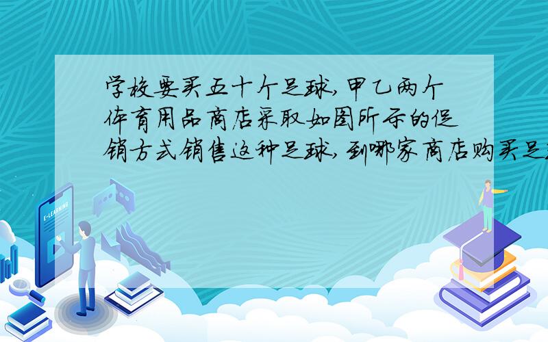 学校要买五十个足球,甲乙两个体育用品商店采取如图所示的促销方式销售这种足球,到哪家商店购买足球合算甲店：60元1个按八五折销售.乙店：60元1个买满100元返现金18元.请大家算算啊请大