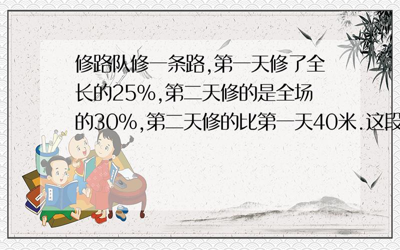 修路队修一条路,第一天修了全长的25%,第二天修的是全场的30%,第二天修的比第一天40米.这段路长多少米?