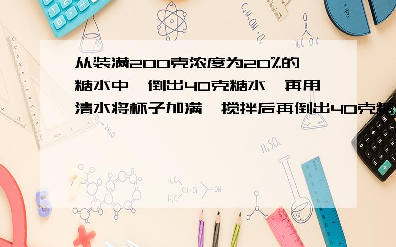 从装满200克浓度为20%的糖水中,倒出40克糖水,再用清水将杯子加满,搅拌后再倒出40克糖水,然后再用清水将辈子加满,如此反复3次后,杯中的糖水的浓度为多少?