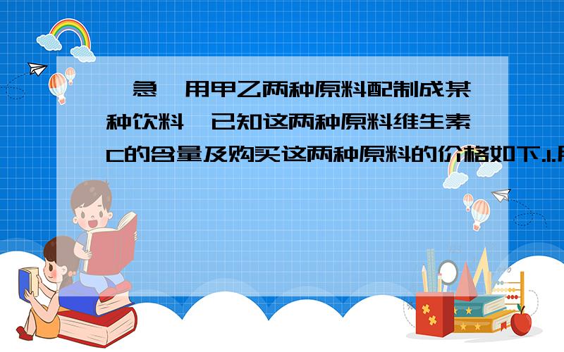 【急】用甲乙两种原料配制成某种饮料,已知这两种原料维生素C的含量及购买这两种原料的价格如下.1.用甲乙两种原料配制成某种饮料,已知这两种原料维生素C的含量及购买这两种原料的价格