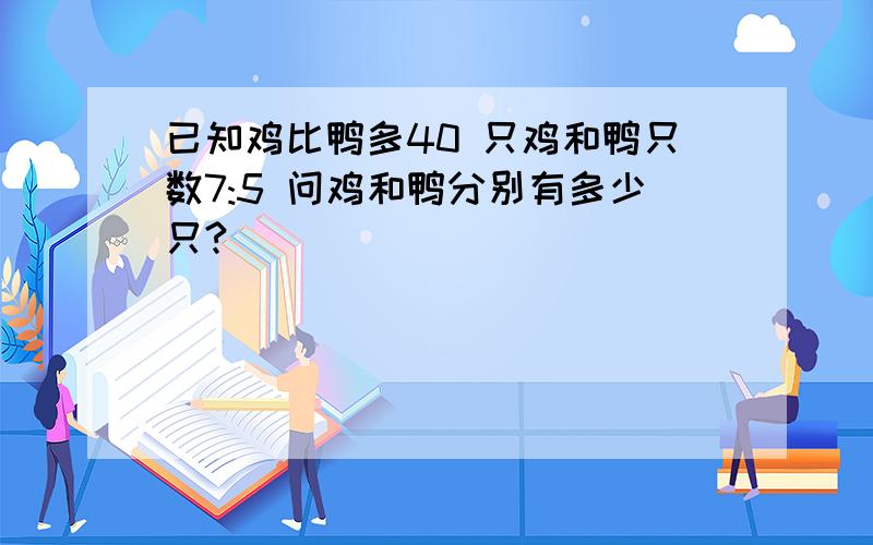 已知鸡比鸭多40 只鸡和鸭只数7:5 问鸡和鸭分别有多少只?