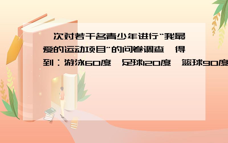 一次对若干名青少年进行“我最爱的运动项目”的问卷调查,得到：游泳60度,足球120度,篮球90度,骑自行车90度.已知最喜爱足球的人数比最喜爱篮球的人数多50人 1,最喜爱足球和最喜爱篮球的人