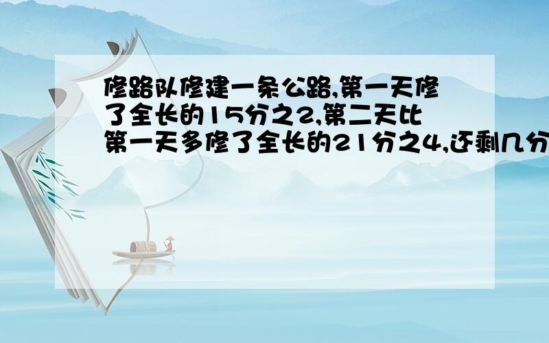 修路队修建一条公路,第一天修了全长的15分之2,第二天比第一天多修了全长的21分之4,还剩几分之几没修?