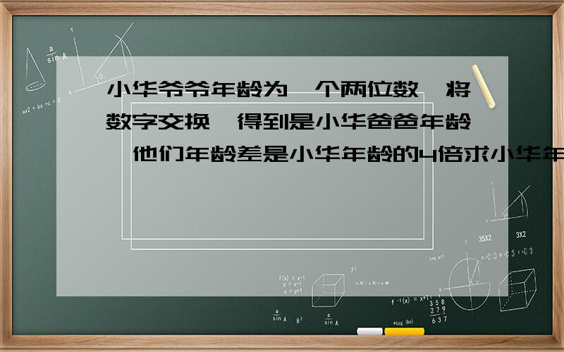 小华爷爷年龄为一个两位数,将数字交换,得到是小华爸爸年龄,他们年龄差是小华年龄的4倍求小华年龄?