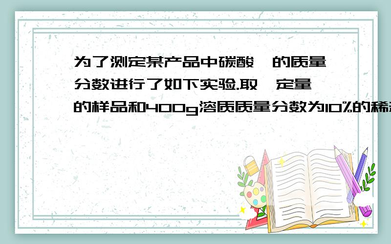 为了测定某产品中碳酸钡的质量分数进行了如下实验.取一定量的样品和400g溶质质量分数为10%的稀盐酸放入烧杯中.在化学反应过程中对烧杯及其中的剩余物进行了五次称量,记录如下表：（假