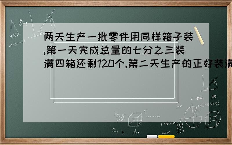 两天生产一批零件用同样箱子装,第一天完成总量的七分之三装满四箱还剩120个.第二天生产的正好装满六...两天生产一批零件用同样箱子装,第一天完成总量的七分之三装满四箱还剩120个.第二