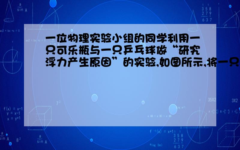 一位物理实验小组的同学利用一只可乐瓶与一只乒乓球做“研究浮力产生原因”的实验,如图所示,将一只塑料可乐瓶剪去底部,把一只乒乓球放在瓶内,从上面倒入水,观察到有少量水从乒乓球