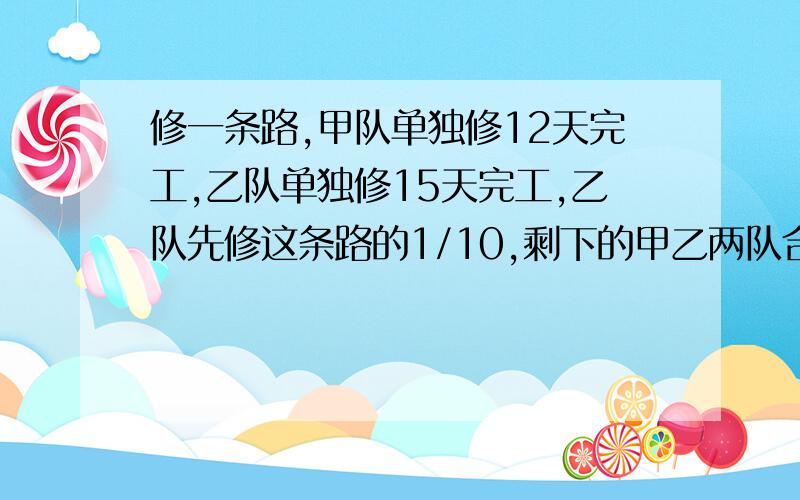 修一条路,甲队单独修12天完工,乙队单独修15天完工,乙队先修这条路的1/10,剩下的甲乙两队合修,还需几天