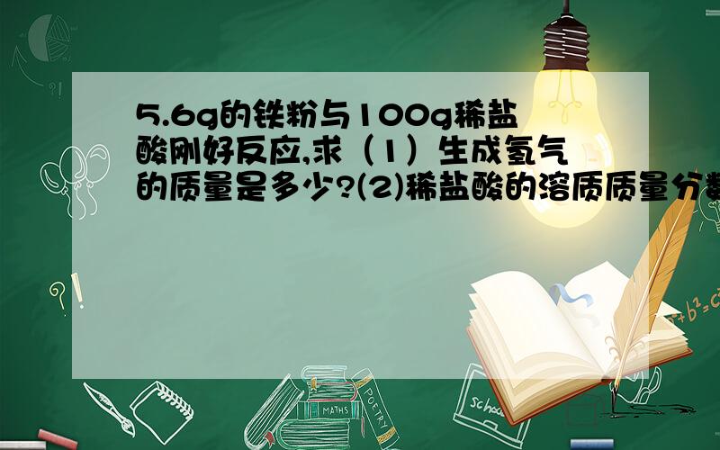 5.6g的铁粉与100g稀盐酸刚好反应,求（1）生成氢气的质量是多少?(2)稀盐酸的溶质质量分数