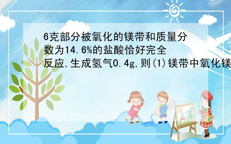 6克部分被氧化的镁带和质量分数为14.6%的盐酸恰好完全反应,生成氢气0.4g,则(1)镁带中氧化镁的质量分数是多少?(2)参加反应的盐酸的质量是多少?(3)反应后溶液的质量分数是多少?