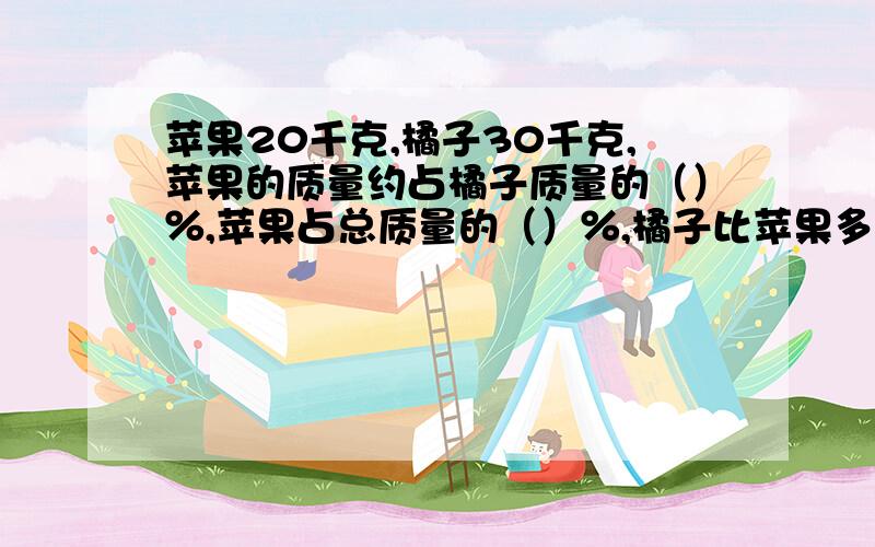 苹果20千克,橘子30千克,苹果的质量约占橘子质量的（）％,苹果占总质量的（）％,橘子比苹果多（）％