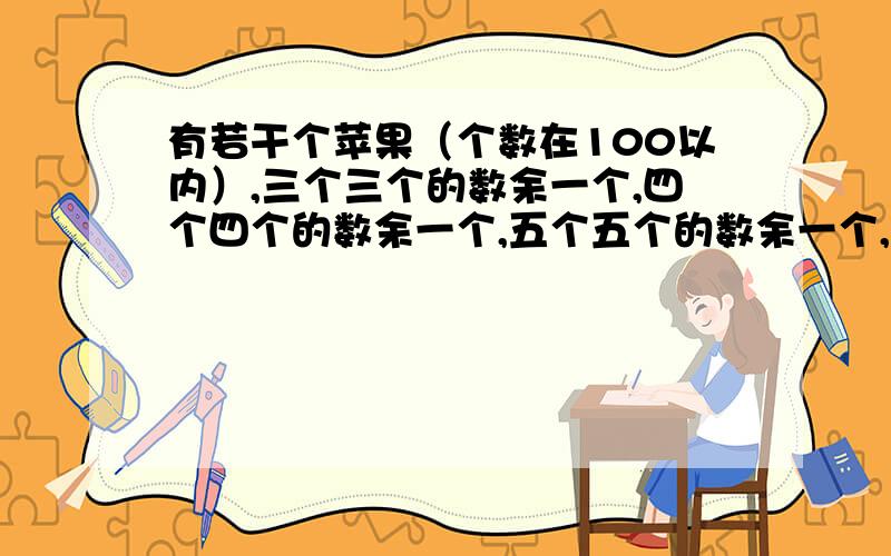 有若干个苹果（个数在100以内）,三个三个的数余一个,四个四个的数余一个,五个五个的数余一个,这筐苹果