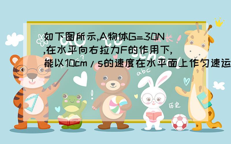 如下图所示,A物体G=30N,在水平向右拉力F的作用下,能以10cm/s的速度在水平面上作匀速运动．已知拉力F=6N,滑轮组在使用时的机械效率为80%, 求：（1）物体受到水平地面的摩擦力大小?（2）5s内拉