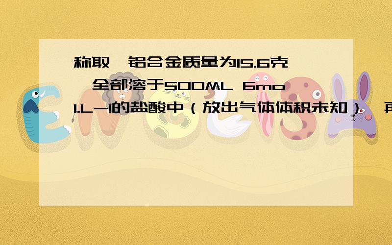 称取镁铝合金质量为15.6克,全部溶于500ML 6mol.L-1的盐酸中（放出气体体积未知）,再加入800mL 4mol.L-1的NaOH溶液,充分反应后得到27.2克沉淀,经测定沉淀为Mg(OH)2,Al(OH)3的混合物,则该合金中AL的质量