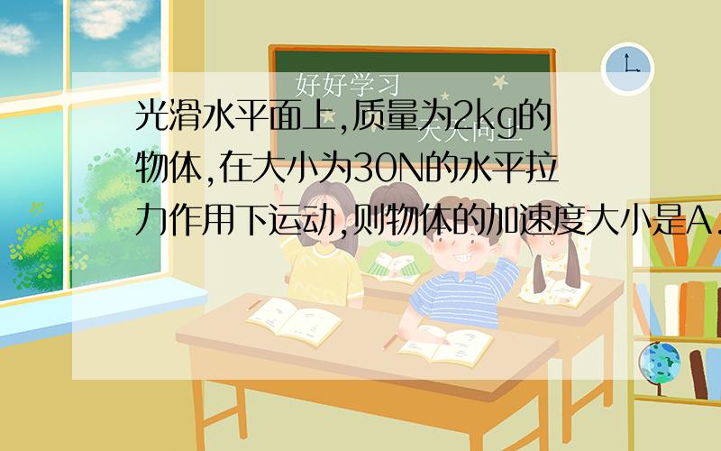 光滑水平面上,质量为2kg的物体,在大小为30N的水平拉力作用下运动,则物体的加速度大小是A.5m/s2 B.10m/s2 C.15m/s2 D.25m/s2,