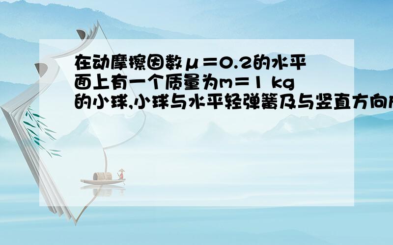 在动摩擦因数μ＝0.2的水平面上有一个质量为m＝1 kg的小球,小球与水平轻弹簧及与竖直方向成θ＝45°角的不可伸长的轻绳一端相连,如图5所示．此时小球处于静止平衡状态,且水平面对小球的