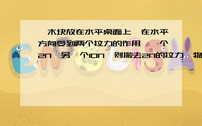 一木块放在水平桌面上,在水平方向受到两个拉力的作用,一个2N,另一个10N,则撤去2N的拉力,物体还能静止吗?