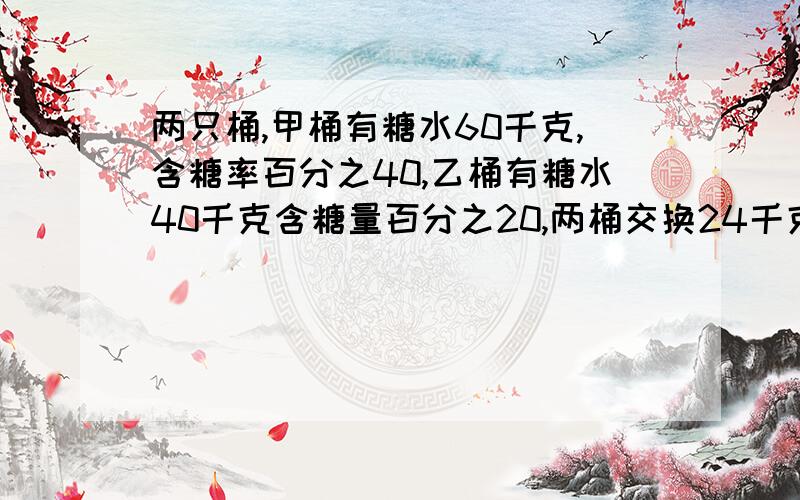 两只桶,甲桶有糖水60千克,含糖率百分之40,乙桶有糖水40千克含糖量百分之20,两桶交换24千克,两桶含糖率各是多少千克?