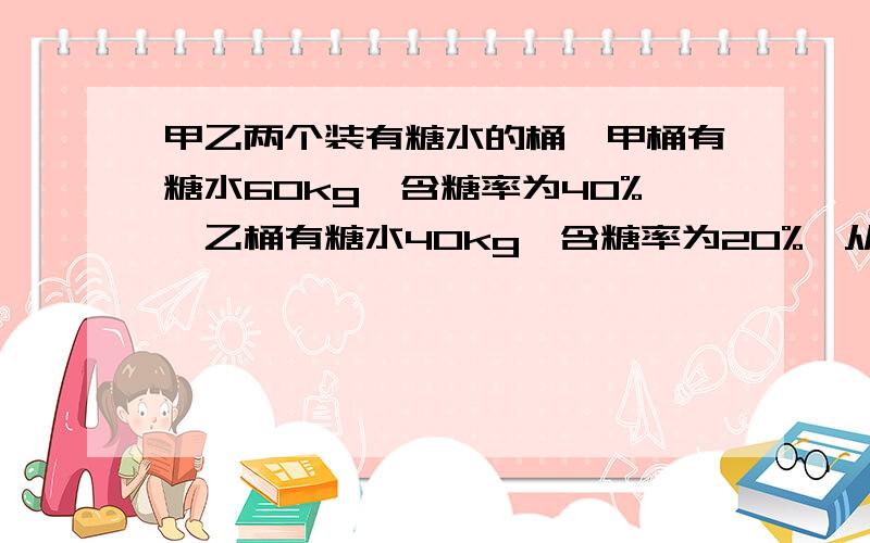 甲乙两个装有糖水的桶,甲桶有糖水60kg,含糖率为40%,乙桶有糖水40kg,含糖率为20%,从两桶中各取相同的糖水后两桶浓度相同,应从两桶中各取多少千克糖水