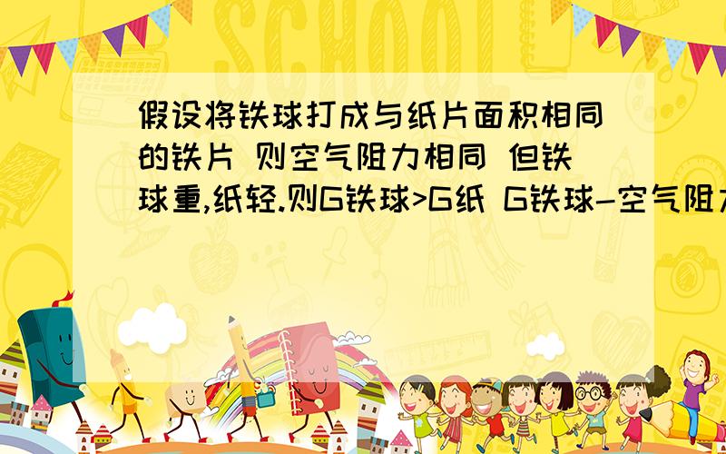 假设将铁球打成与纸片面积相同的铁片 则空气阻力相同 但铁球重,纸轻.则G铁球>G纸 G铁球-空气阻力/m铁球>G纸-空气阻力/m纸 (G-空气阻力/m为阻力下的加速度)故加速度不同则落地时间不同