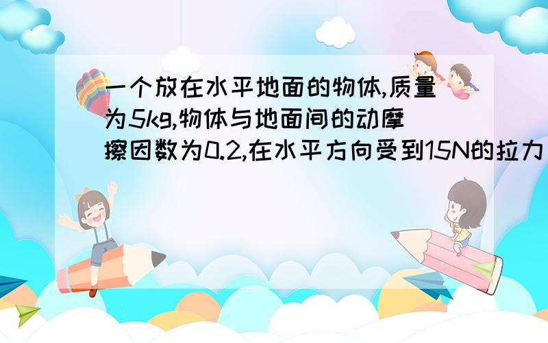 一个放在水平地面的物体,质量为5kg,物体与地面间的动摩擦因数为0.2,在水平方向受到15N的拉力后,由静止开始运动1.物体运动的加速度2经过5s物体的位移35s末撤去外力,物体还能运动多远