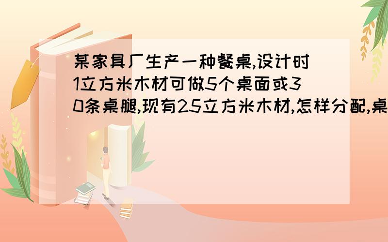 某家具厂生产一种餐桌,设计时1立方米木材可做5个桌面或30条桌腿,现有25立方米木材,怎样分配,桌面和桌腿使用的木材恰好配套?共可生产多少张餐桌?