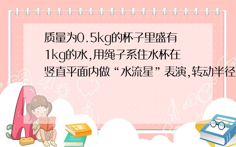 质量为0.5kg的杯子里盛有1kg的水,用绳子系住水杯在竖直平面内做“水流星”表演,转动半径为1m,水杯通过最高点的速度为4m/s,求：为使小杯到达最高点时水不出来,在最高点的最小速率是多少啊