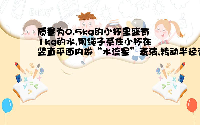 质量为0.5kg的小杯里盛有1kg的水,用绳子系住小杯在竖直平面内做“水流星”表演,转动半径为1m.质量为0.5kg的小杯里盛有1kg的水,用绳子系住小杯在竖直平面内做“水流星”表演,转动半径为1m,