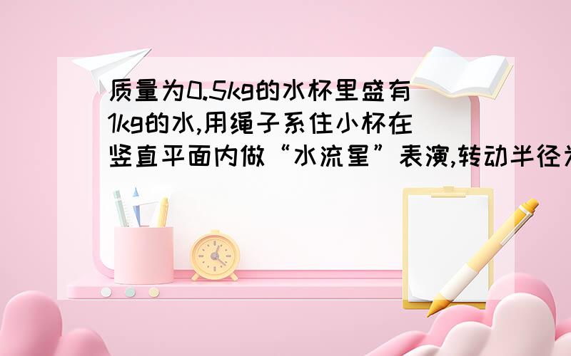 质量为0.5kg的水杯里盛有1kg的水,用绳子系住小杯在竖直平面内做“水流星”表演,转动半径为1m,小杯通过最高点的速度为4m／s,g取10m／s,求:(1)在最高点时,绳子的拉力多大?（2）在最高点时水对