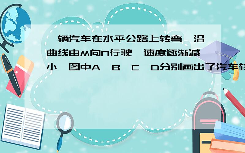 一辆汽车在水平公路上转弯,沿曲线由M向N行驶,速度逐渐减小,图中A、B、C、D分别画出了汽车转弯时所受合C 哪错了?