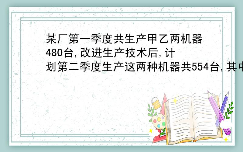 某厂第一季度共生产甲乙两机器480台,改进生产技术后,计划第二季度生产这两种机器共554台,其中甲种机器要第一季度增产10%,乙种机器产量比第一季度增产20%,该厂第一季度生产甲、乙两种机