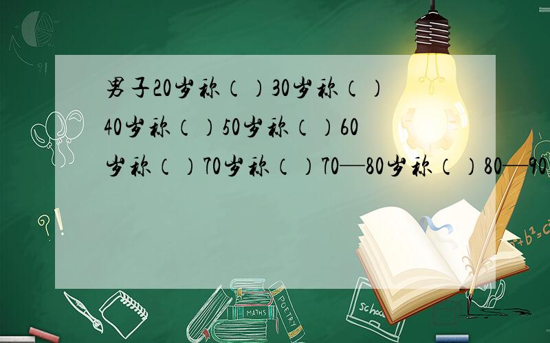 男子20岁称（）30岁称（）40岁称（）50岁称（）60岁称（）70岁称（）70—80岁称（）80—90岁称（）100岁称