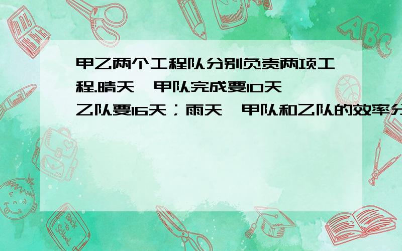 甲乙两个工程队分别负责两项工程.晴天,甲队完成要10天,乙队要16天；雨天,甲队和乙队的效率分别是晴天的百分之30和百分之80.实际情况两队同时开工、完工.施工期间下雨几天