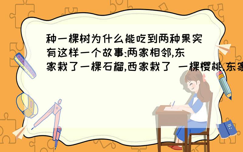 种一棵树为什么能吃到两种果实有这样一个故事:两家相邻,东家栽了一棵石榴,西家栽了 一棵樱桃.东家在给自家的石榴打了药水之后,也给穿越墙头而来的樱桃枝也打了药水.西家在给自家的樱