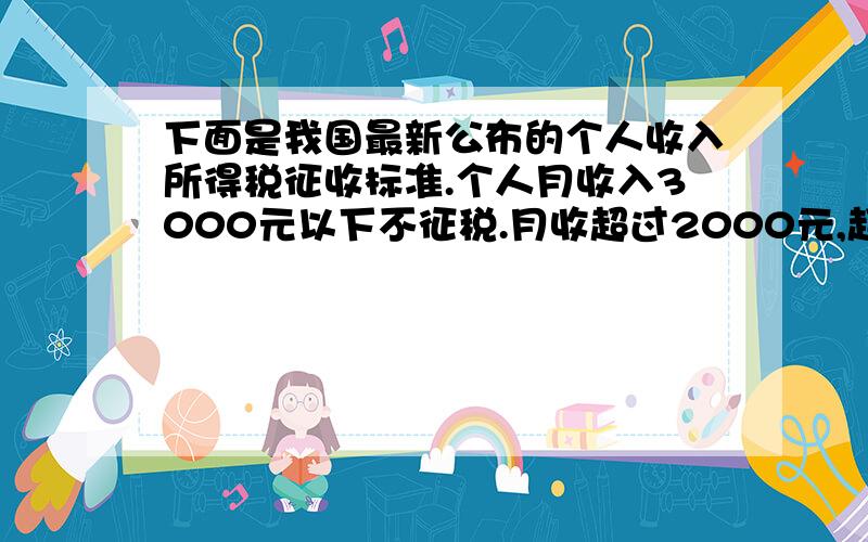 下面是我国最新公布的个人收入所得税征收标准.个人月收入3000元以下不征税.月收超过2000元,超过部分按下面的标准征税.不超过500元的 5%超过500元～2000元的部分 10%超过2000元～5000元的部分 15