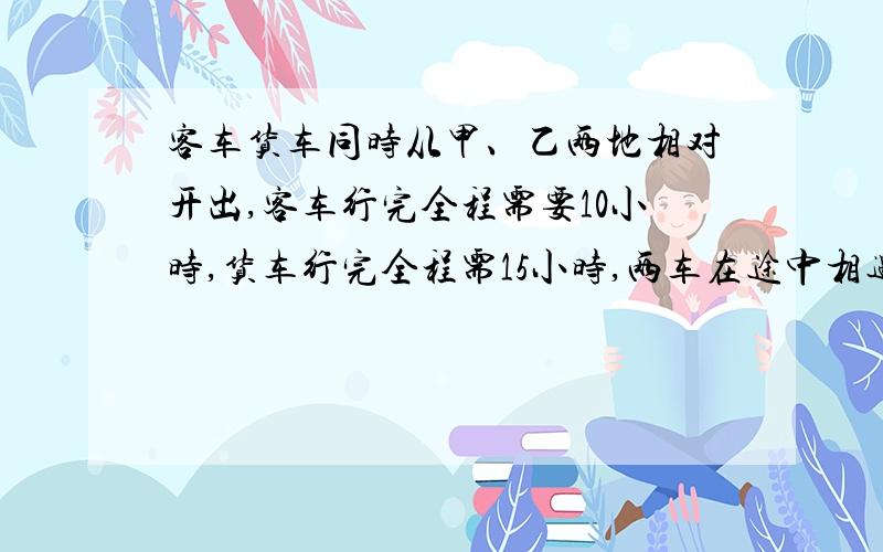 客车货车同时从甲、乙两地相对开出,客车行完全程需要10小时,货车行完全程需15小时,两车在途中相遇后客车又行96千米,这时客车行了全程的20%,甲乙两地相距多少千米?