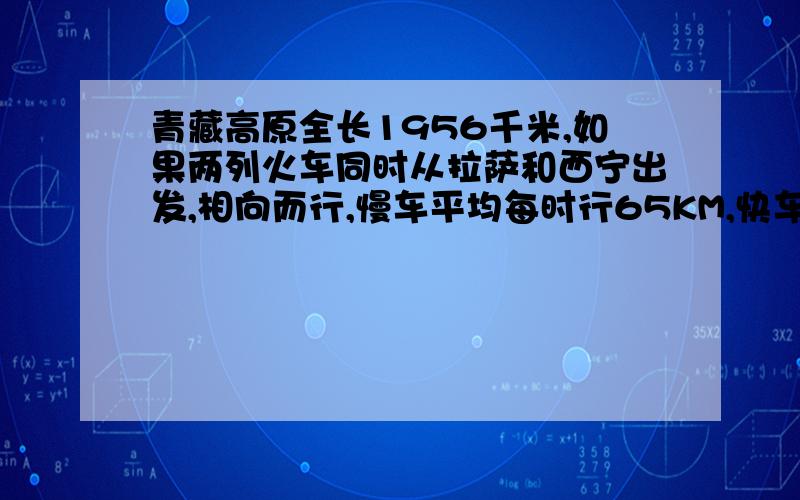 青藏高原全长1956千米,如果两列火车同时从拉萨和西宁出发,相向而行,慢车平均每时行65KM,快车每时行85KM经过多少时间两列火车在中途相遇?