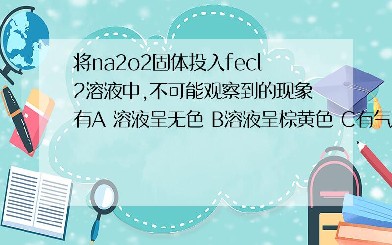 将na2o2固体投入fecl2溶液中,不可能观察到的现象有A 溶液呈无色 B溶液呈棕黄色 C有气泡产生 D 有白色沉淀产生 为什么选D,AB都是怎么产生的?