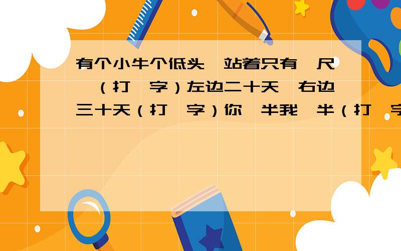 有个小牛个低头,站着只有一尺一（打一字）左边二十天,右边三十天（打一字）你一半我一半（打一字）去头是字,去尾是字,去头去尾还是字（打一字）